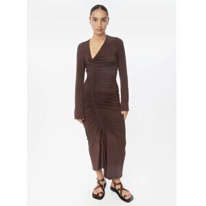 DAL the Label Modal Ruched Long Sleeve Asymmetric Dress – Brown  – Size L